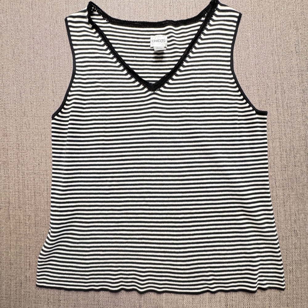 Chicos Black White Striped Silk Blend V-Neck Knit Tank Top Shell Size 3 XL